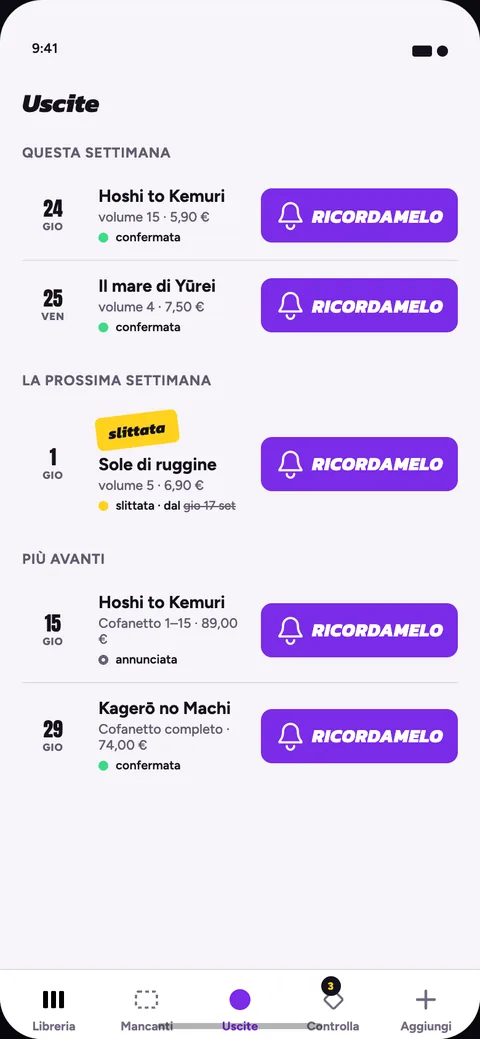 Schermata Uscite: date della settimana, con lo stato di ogni data